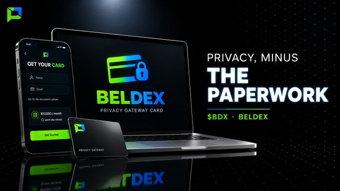 An advertisement for BELDEX ($BDX), a privacy gateway card, featuring a phone, laptop, and card with the tagline 'PRIVACY, MINUS THE PAPERWORK.'