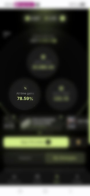 A blurry screenshot of a dark-themed application or dashboard showing circular metrics, including 'All time gains' at 78.59%.