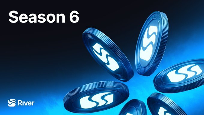 A promotional graphic for "Season 6" from River features floating blue coins with a wave logo against a blue background.