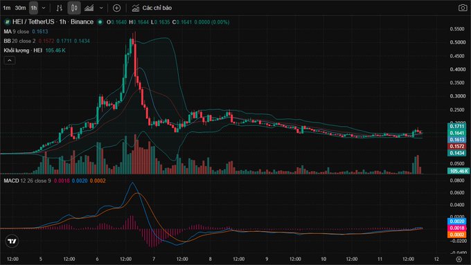 A financial trading chart displays the HEI/TetherUS pair on Binance with candlestick patterns, Bollinger Bands, and a MACD indicator.