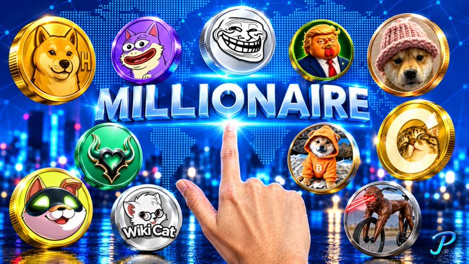 A promotional graphic titled "MILLIONAIRE" displays 11 circular memecoin icons—including a Shiba Inu ($DOG), cat characters ($CATE, $WKC, $AI), a Trump-style coin ($ANSEM), and a doge in a pink hat ($WIF)—arranged around a hand pointing at the central title, matching the listed tickers like $Hachiko, $biketyson, and $TROLL.