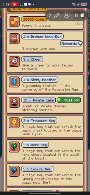 A screenshot from a mobile game showing a 'Reward Discovered' menu with items including 10,000 Coins, a Bronze Love Box, 3x Cheer, Shiny Feather, Pirate Cake (+3811 XP), Treasure Key, Rare Key, and Luxury Key.