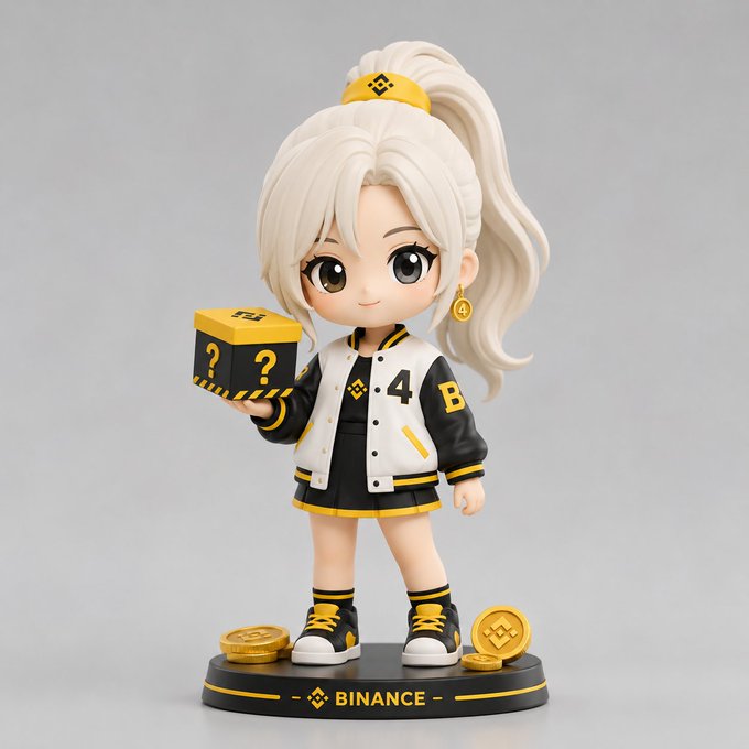 The image features a small figurine of a girl, dressed in black and white clothing with yellow accents, holding a box that says "4" on it. The figurine also has a ponytail and gold earrings. The background of the image is gray, which contrasts nicely with the bright colors of the figurine. The post accompanying this image reads: 
"隐藏款我想做成「白金高马尾交易大公仔标准」，用白金高马尾和金币耳坠做出隐藏款气质。 @binancezh".