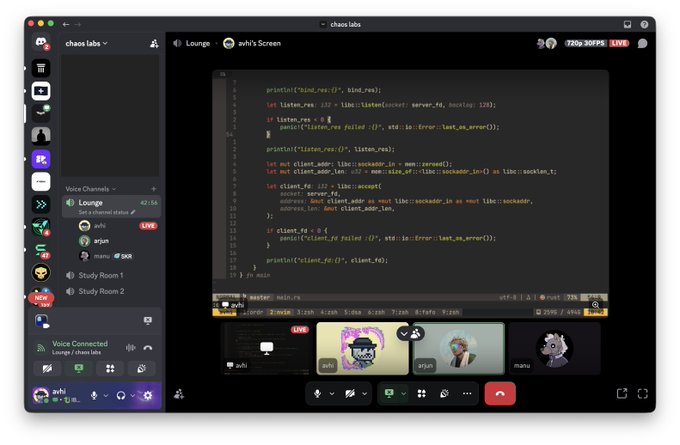 A screenshot of a Discord interface showing a voice channel named "Lounge" in the "chaos labs" server, where users "avhi", "arjun", and "manu" are screen sharing in a video call, with avhi sharing code involving "libc::listen".