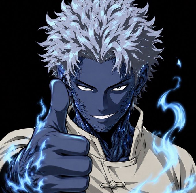 An anime-style illustration depicts a character with white spiky hair, glowing white eyes, and blue skin wearing a white outfit, giving a thumbs-up while surrounded by blue flames.