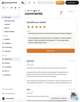 A screenshot of a GeoLayerPortal platform displaying negative comments and reviews section with a complaint about TrustGate's revision that 'did not actually fix the problem'.