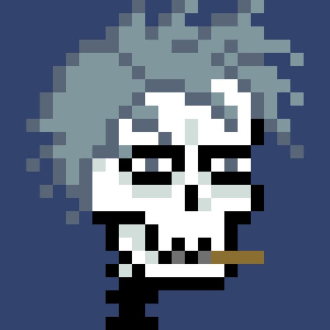 A pixel art skull smoking a cigarette against a dark blue background, representing the post's reference to being a "non-fungible skull" and the honorary 1/1 NFT mention.