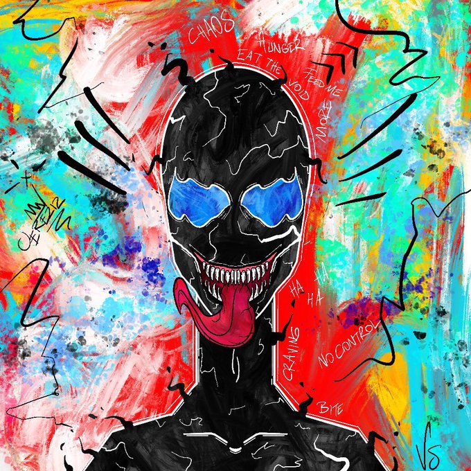 The image features a black figure with blue eyes and a red tongue, which appears to be a person or an insect. The figure has a face that looks like a spider or a monster, giving it a creepy appearance. The background of the image is colorful and abstract, adding to the overall eerie atmosphere. There are also some words written in white text on the image, including "chaos", "eat", "control", and "crane". These words seem to be related to the figure or its surroundings, possibly indicating a connection between the monster-like figure and the chaos it represents.