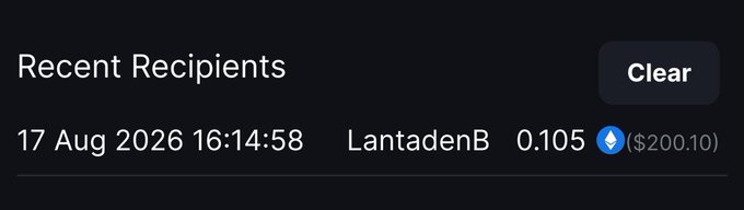 A cryptocurrency transaction record shows a recent recipient "LantadenB" receiving 0.105 ETH (approximately $200.10) on 17 Aug 2026 at 16:14:58, confirming the $200 payment mentioned in the accompanying congratulatory post for being active in the community.