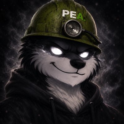 A dark, stylized digital illustration of an anthropomorphic dog or wolf character with glowing white eyes wearing a military helmet labeled 'PEA.' and a hoodie, set against a smoky background.