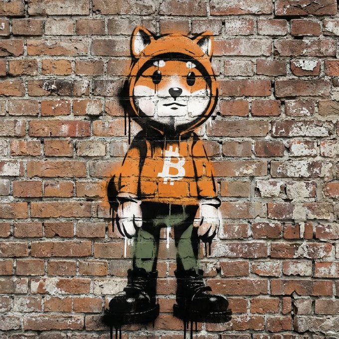 The image features a graffiti art piece of an orange dog wearing a hoodie, standing against a brick wall with black spray paint. The text "dog will forever live on Bitcoin" is written above the dog's head. This artwork seems to be related to Bitcoin or cryptocurrency, as it uses the term "dog will forever live on Bitcoin."
