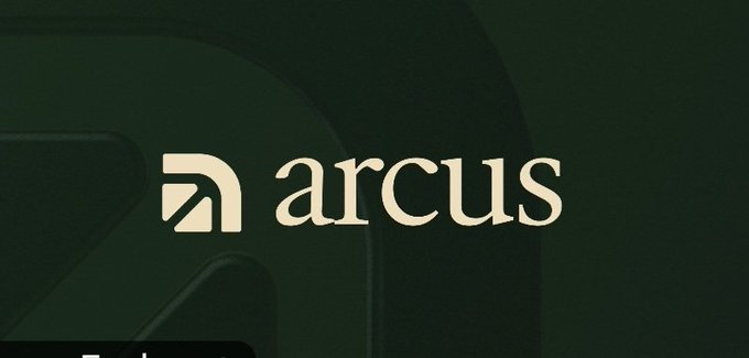 A dark green background displays the cream-colored "arcus" logo and name in an elegant serif font.