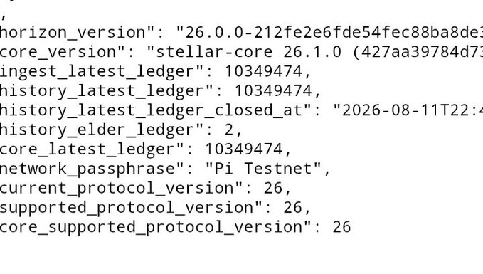 A screenshot of JSON-formatted configuration data showing Stellar network information including horizon_version "26.0.0-212fe2e6fde54fec88ba8de", core_version "stellar-core 26.1.0", and network_passphrase "Pi Testnet" with current and supported protocol version 26.