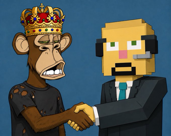 A Bored Ape Yacht Club (BAYC) NFT wearing a crown and tattered shirt shakes hands with a pixelated "StonkBrokers" character in a suit and headset, symbolizing a crossover between NFT and meme stock communities as both "cook" together.
