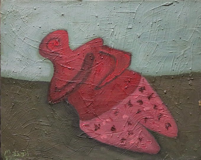 The image features a painting that depicts a red figure with pink wings sitting on its knees. The painting has an abstract style, which adds depth and complexity to the artwork. The artist's signature can be seen at the bottom right corner of the painting.