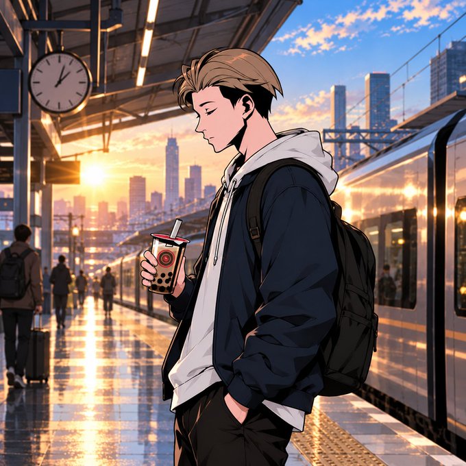 An anime-style illustration depicts a young man with brown hair wearing a dark jacket and backpack, holding boba tea while standing on a train platform at sunset.