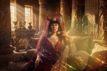AI-generated or stylized image of an Egyptian queen (resembling Cleopatra) in royal attire seated on an ornate throne in a golden temple illuminated by light rays.