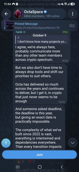 A screenshot of a Telegram channel called 'OctaSpace' shows messages from a user named 'Tarik' discussing crypto development timelines and project complexity.