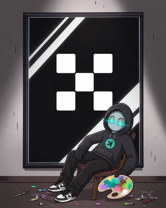 A hooded, robot-like character in a black hoodie sits relaxed in a chair holding a colorful artist's palette, posed in front of a large framed "OKX" logo on the wall. The surrounding paint tubes and brushes suggest the artwork was "painted" in support of the post promoting OKX as a regulated, low-fee exchange alternative.
