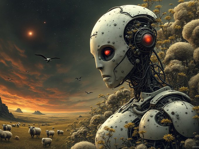 A surreal digital artwork depicts a white robotic figure with glowing red eyes, its mechanical body entangled with flowering vines, standing in a pastoral landscape with sheep under a dramatic sunset sky.