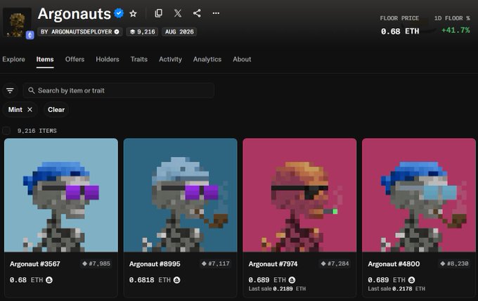 An NFT marketplace page for the 'Argonauts' collection by Argonauts Deployer shows a floor price of 0.68 ETH with 9,216 items, displaying four pixel-art character avatars with sunglasses and prices like 0.68 ETH, 0.6818 ETH, and 0.689 ETH.