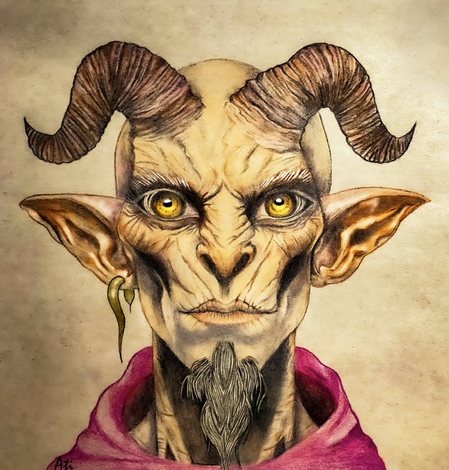 A detailed colored pencil illustration of a demonic fantasy character with large curved ram horns, pointed ears, yellow eyes, a fang earring, and a small gray beard, wearing a magenta hooded robe.