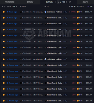 The image displays a transaction log from Arkham Intelligence showing a series of recent transfers, primarily involving BlackRock moving funds to Coinbase Prime, with notable entries including a 1.0779 BTC (~$112.4K) and a 76.77K (~$4.65M) inbound transfer, as well as several transfers of 360 BTC (~$17.77M) out from BlackRock. The watermark "SENTORA" overlays the table. The data supports the accompanying post's claim about BlackRock shifting large sums of Bitcoin—totaling hundreds of millions—onto Coinbase Prime within a short timeframe.