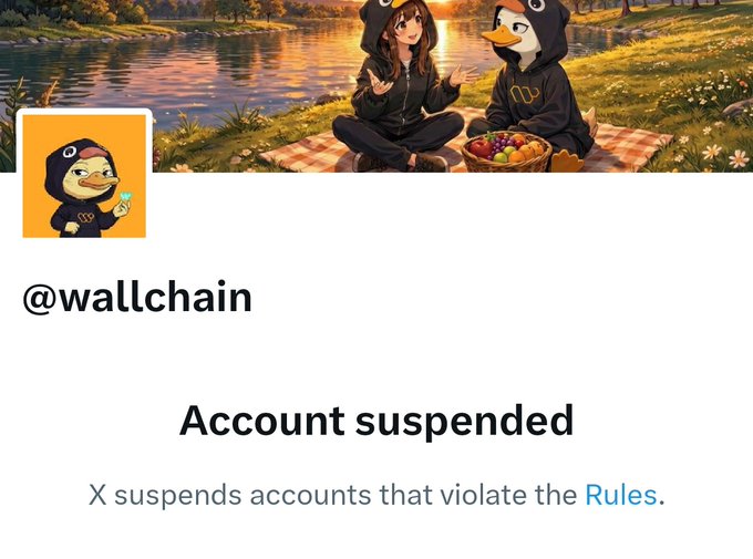 The image features a social media post from @wallchain, which has been temporarily suspended due to an account suspension. The post includes a message about suspending accounts that violate rules, as well as a link to a Twitter post by @MindoAI and @3look_io. The post also mentions the loss of access for these users' X accounts.