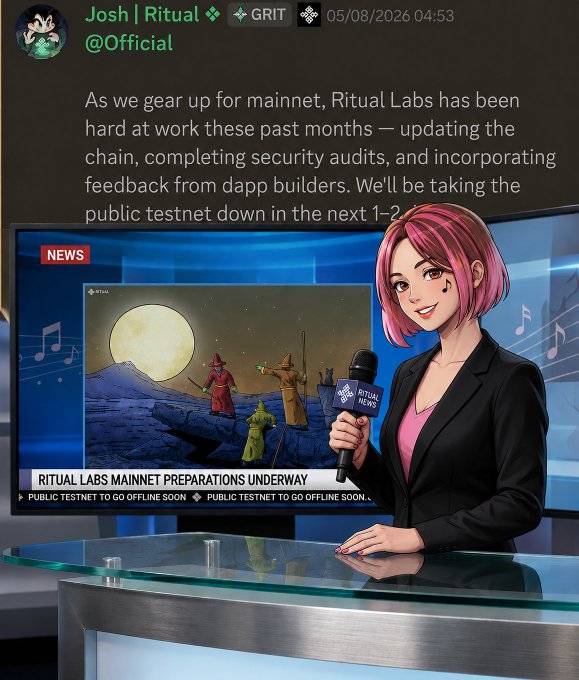 A news-style graphic featuring an anime-styled female news anchor with pink hair in a black blazer, reporting on 'RITUAL LABS MAINNET PREPARATIONS UNDERWAY,' with a tweet from Josh (@Official) noting the public testnet will go offline soon, alongside an in-game news broadcast image.
