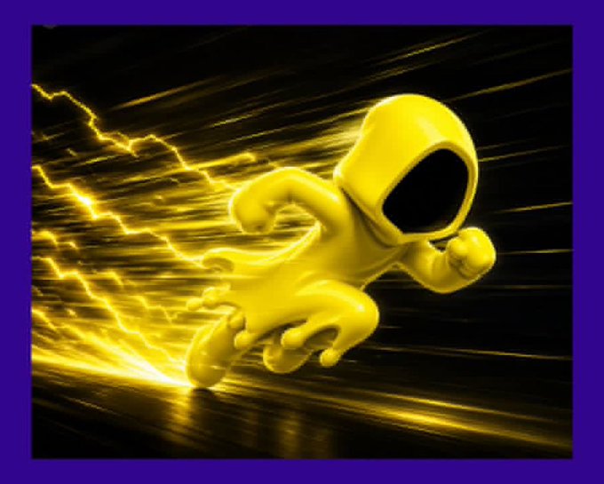 A stylized yellow 3D character resembling a hooded figure running with lightning bolts and motion effects against a dark background, framed by a purple border.
