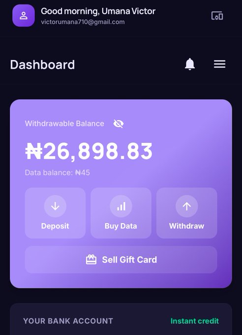 A dashboard screen greeting 'Good morning, Umana Victor' with the email 'victorumana710@gmail.com', showing a withdrawable balance of ₦26,898.83, data balance of ₦45, and buttons for Deposit, Buy Data, Withdraw, and Sell Gift Card.
