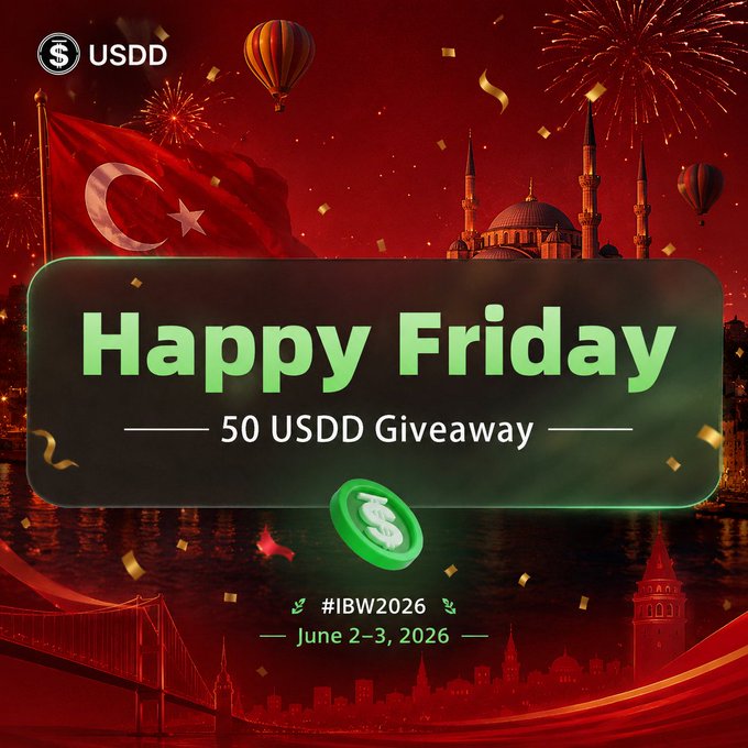 The image features a banner with a red background, displaying a Turkish flag at the top of the frame. Below the flag, there's an announcement for a USDD Giveaway that includes a hashtag (#USDD) and a code (#BWW2026). The text on the banner reads "Happy Friday" and announces that five lucky winners will receive ten USDD Winners: @RubyEcho39219, @Oxmandaaa, @upasaj, @arnita_Itha, and @E_lli_eric.