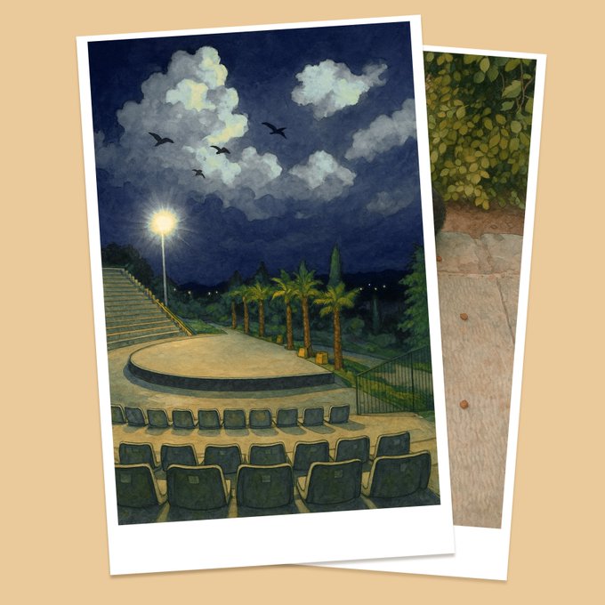 Two overlapping polaroid-style prints display painted scenes—the front one depicting an empty outdoor amphitheater at night under a moonlit, cloud-filled sky with birds and palm trees, and the partially visible second print showing green foliage above a textured beige surface. The image illustrates the post announcing the sale of the artwork "A Conversation," with the empty amphitheater evoking the quiet, contemplative atmosphere implied by the title.
