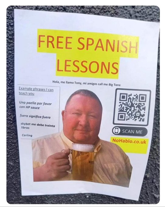 A flyer on the pavement advertises "FREE SPANISH LESSONS" from "Tony" (nicknamed "Big Tone") at NoHablo.co.uk, featuring a photo of a cheerful, sunburned man holding a pint of beer, alongside example phrases like "Una paella por favor con HP sauce" and "fuera significa fuera." The poster humorously ties into the post about being extremely sunburned, as the man's bright red face matches the user's note about going "from pink to red."