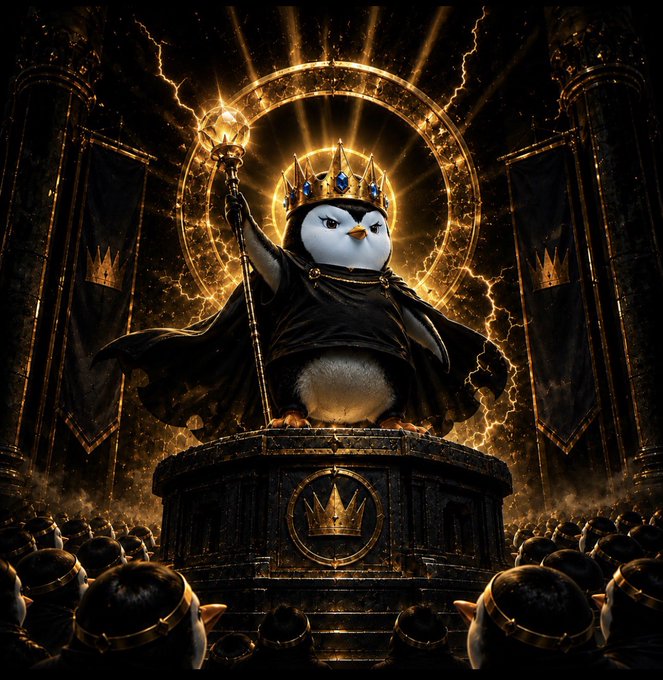 A crowned penguin wearing a black cloak stands regally atop a stone pedestal, holding a golden scepter aloft amidst a dramatic, lightning-filled throne room filled with adoring penguin subjects. The dark, epic imagery fits the "Slowly getting to the millions" caption by depicting a powerful ruler ascending toward greatness, much like a crypto or stock slowly climbing toward a major milestone.