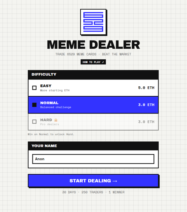 A game interface for 'MEME DEALER' showing difficulty selection (Easy at 5.0 ETH, Normal at 3.0 ETH, Hard locked), with the username 'Anon' entered and a 'START DEALING' button.