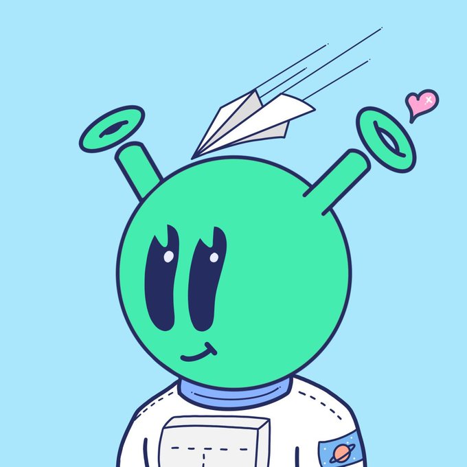A cartoon illustration of a green alien-like character with antennae, wearing a white space suit, as a paper airplane flies through its head with a small pink heart nearby.