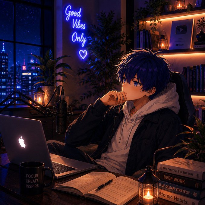 An anime-style character with blue hair works at a laptop in a neon-lit nighttime room featuring a "Good Vibes Only" sign, a "FOCUS CREATE INSPIRE" mug, and books including "Atomic Habits" and "Deep Work." The cozy workspace atmosphere visually reinforces the post's theme of focused building and creating with intention, aligning with the testimonial about CNPYNetwork's efficient, developer-friendly appchain platform.
