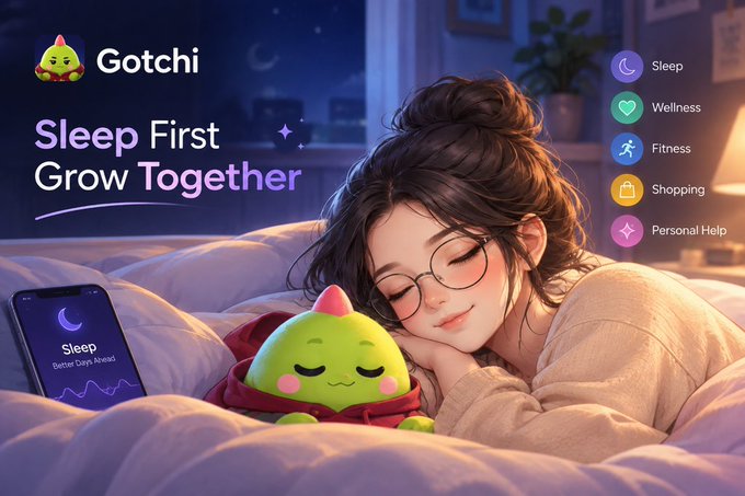 An anime-style app advertisement for 'Gotchi' featuring the tagline 'Sleep First, Grow Together' with menu options for Sleep, Wellness, Fitness, Shopping, and Personal Help.