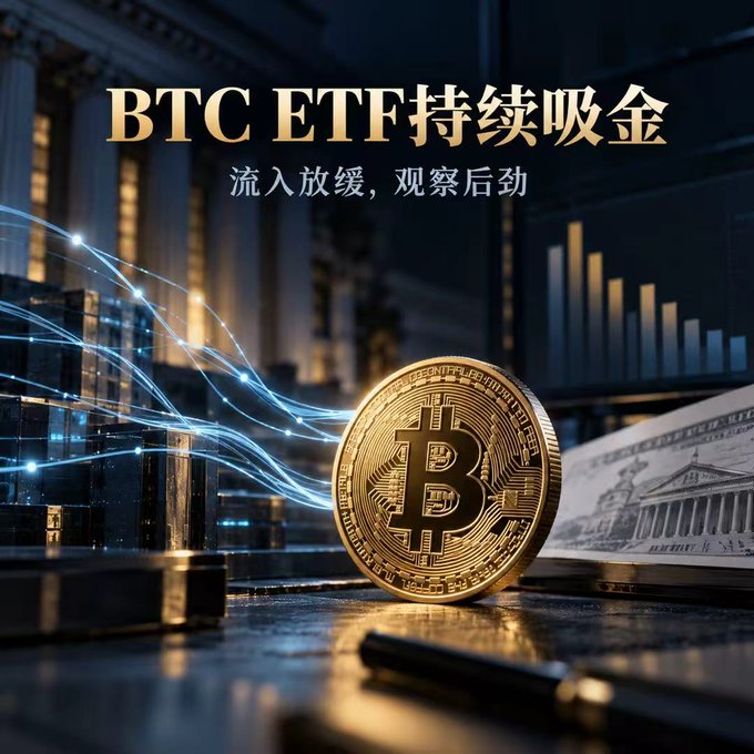 A promotional graphic featuring a gold Bitcoin coin on a reflective surface with Chinese text reading 'BTC ETF持续吸金' (BTC ETF continues to attract capital) and '流入放缓,观察后劲' (inflows slowing, observing momentum), with gold bars and a US dollar bill in the background.
