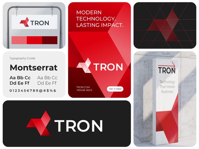 A brand identity mockup for "TRON" featuring a red geometric "M"-shaped logo, displayed across multiple applications including a billboard reading "MODERN TECHNOLOGY. LASTING IMPACT." with "TRON.COM +63458 46212", a typography guide showcasing the Montserrat font, and signage reading "Technology That Moves Business." The collage visually reinforces the post's message of a modern, tech-focused brand identity built for blockchain, AI, SaaS, and technology sectors.