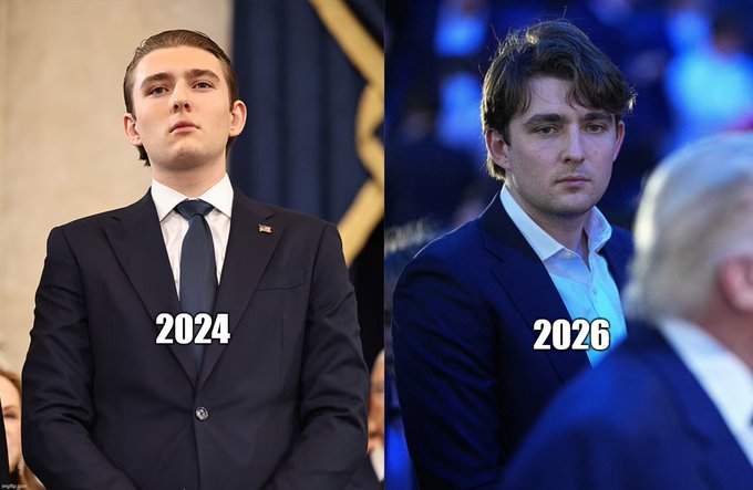 Two photos of Barron Trump side by side, labeled '2024' and '2026', showing him as a younger teenager in a suit on the left and as a young adult with facial hair on the right.
