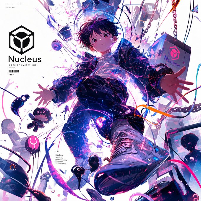 Anime-style promotional artwork for Nucleus ('CORE OF EVERYTHING') featuring a character surrounded by chains, skulls, and digital glitch effects.