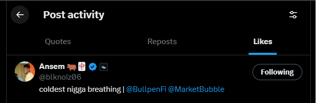This image shows a screenshot of a social media "Post activity" tab, specifically the "Likes" section, where the user @blknoiz06 has liked a post from the prominent Solana influencer Ansem. This visual evidence confirms the user's claim of being recognized by the influential KOL, adding credibility to their excitement.