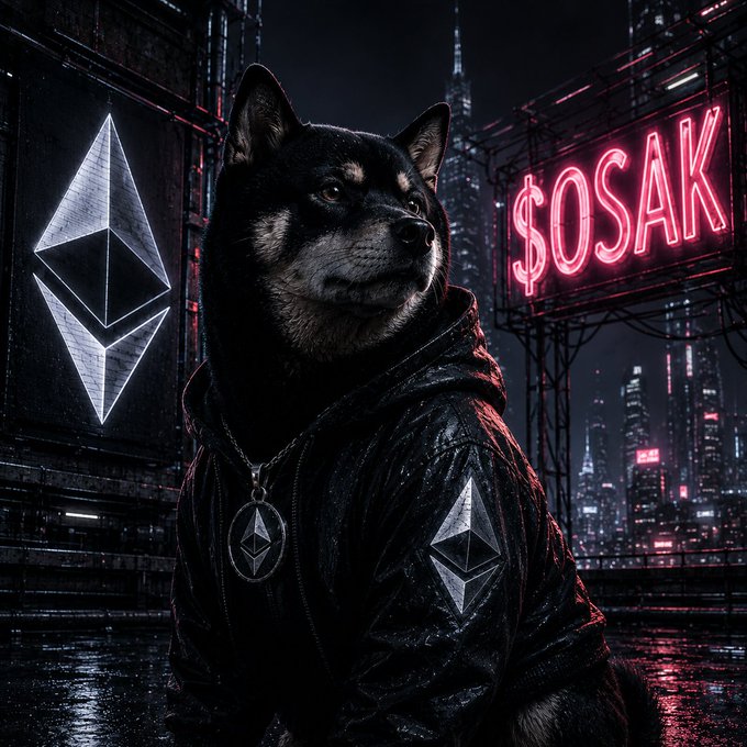 Cyberpunk-style artwork of a Shiba Inu dog wearing a black leather jacket with an Ethereum logo, set against a neon-lit city backdrop with a glowing pink "$OSAK" sign.