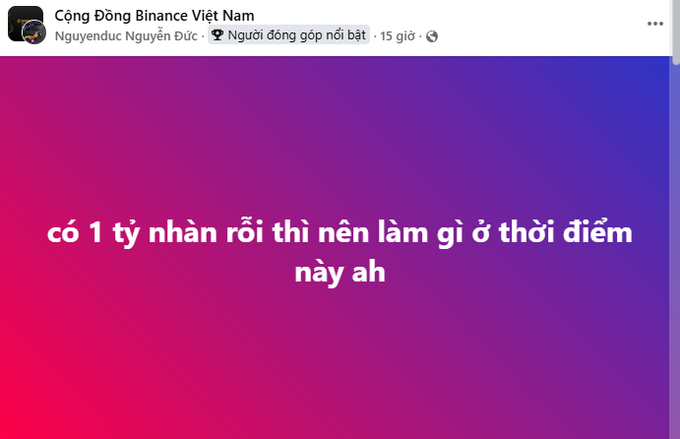 A Vietnamese social media post from 'Cộng Đồng Binance Việt Nam' with text 'có 1 tỷ nhân rồi thì nên làm gì ở thời điểm này ah' on a purple/pink gradient background.