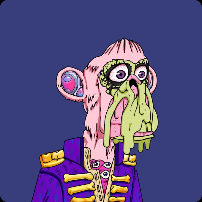 A digital illustration of a pink-furred, humanoid ape with wide purple eyes and green dripping slime covering its face, wearing a gold-trimmed purple military jacket with a second set of eyes on its chest. The image relates to the Bored Ape Yacht Club NFT collection, as indicated by the "@BoredApeYC" tag, with the "Members Only" caption referencing the club's exclusive membership concept.