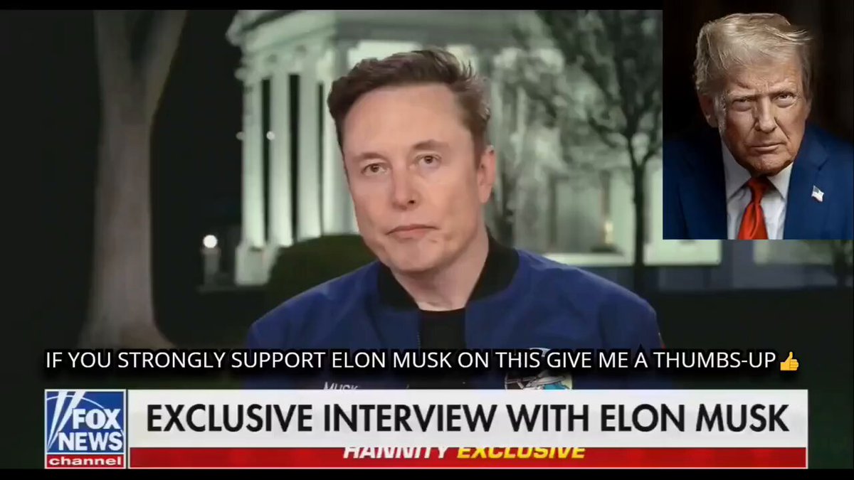 The image shows a man wearing a blue jacket sitting at a desk with an interview with a woman named Tesla. The man appears to be a well-known figure, possibly a politician or a public figure. The background of the image features a tree and a building, suggesting that they are in an urban setting. The post includes text about supporting Elon Musk on this issue, which is likely related to the interview with Tesla.