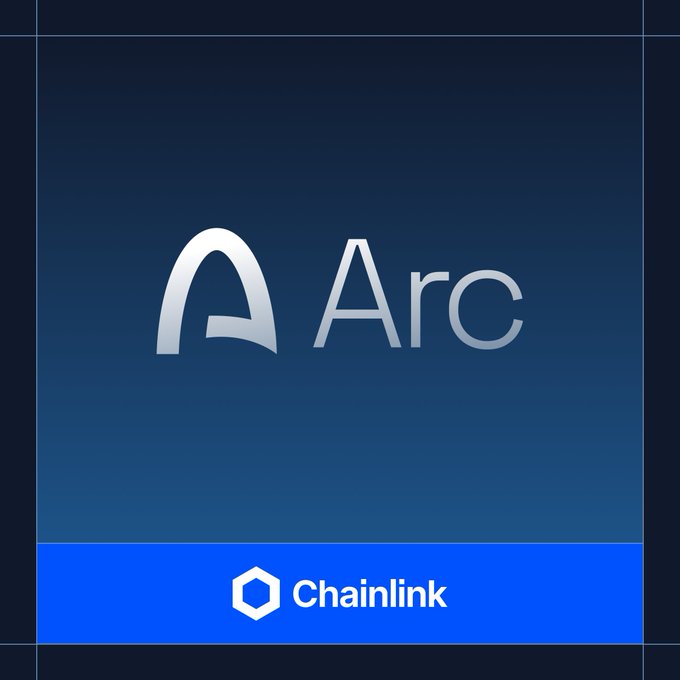 A Chainlink promotional image featuring the Arc logo on a dark blue background with the Chainlink logo at the bottom.