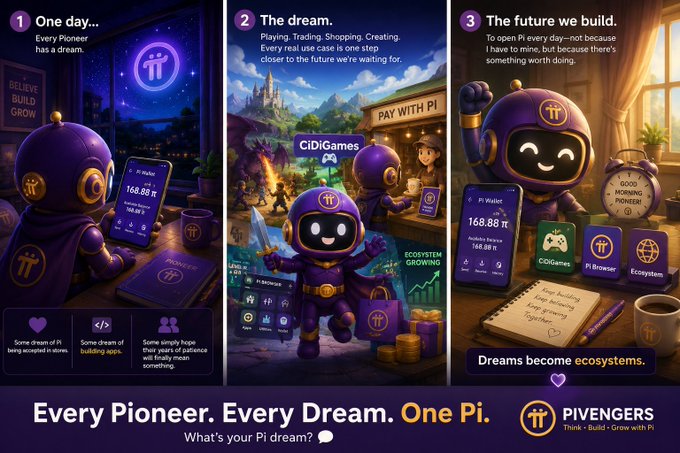 A three-panel Pi Network promotional graphic featuring a purple robot mascot with the tagline 'Every Pioneer. Every Dream. One Pi' from PIVENGERS, illustrating dreams, Pi Wallet, and Pi Browser ecosystems.